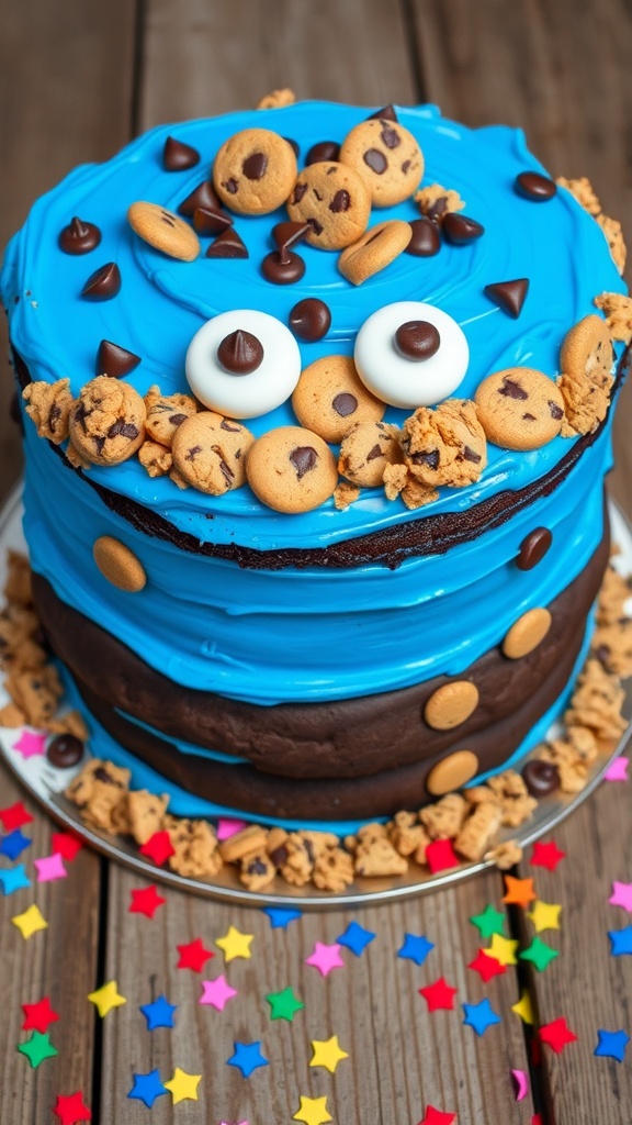 A colorful Cookie Monster Cake with blue frosting and chocolate chip cookie decorations, displayed on a rustic table with confetti.